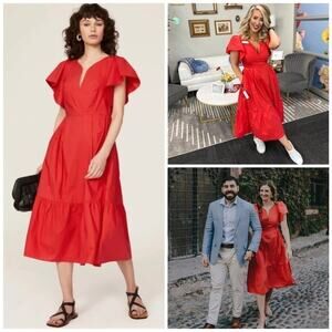 Marissa Webb Collective Dark Coral V-Neck Flutter Sleeve Midi Dress Size 10